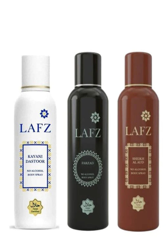 Lafz ( kayani dastoor + Sheikh + Farzad ) No Alcohol Deodorant Body Spray For Men, Pack Of 3 (150 ml)